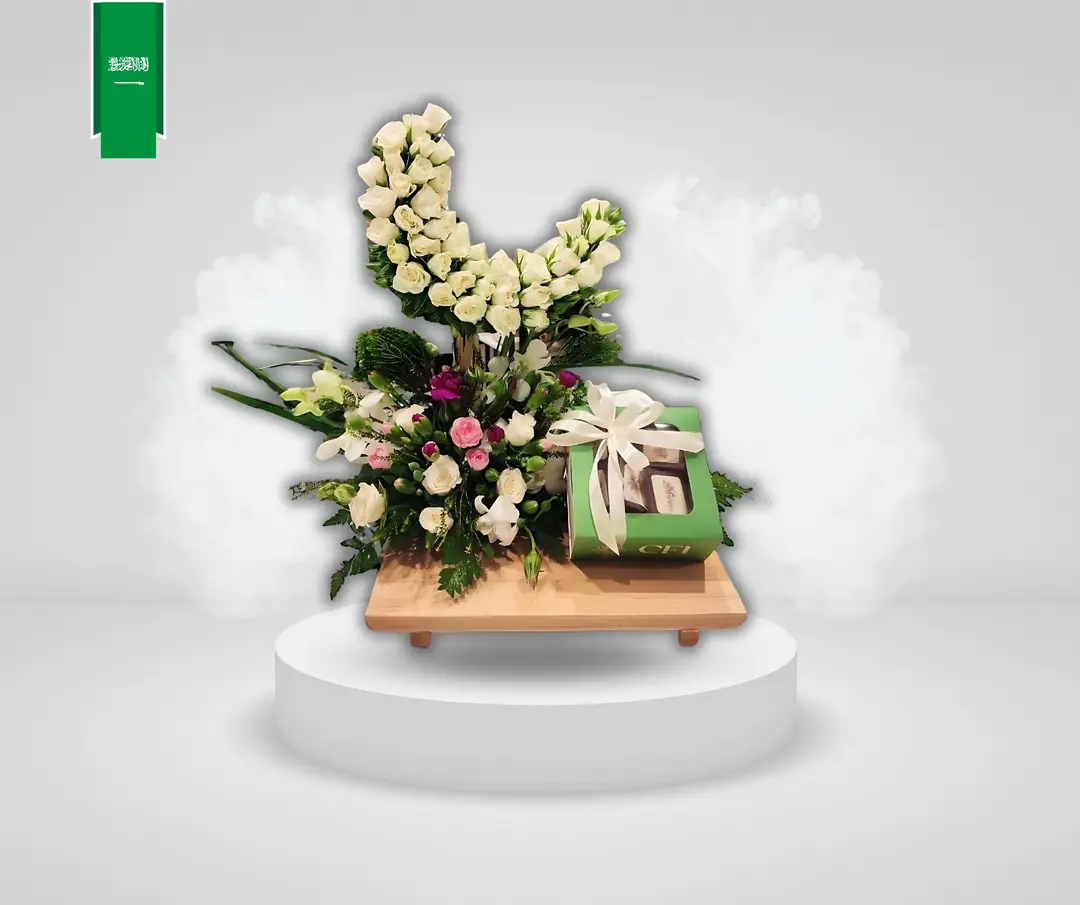 Wooden stand with a bouquet of natural roses and chocolates
